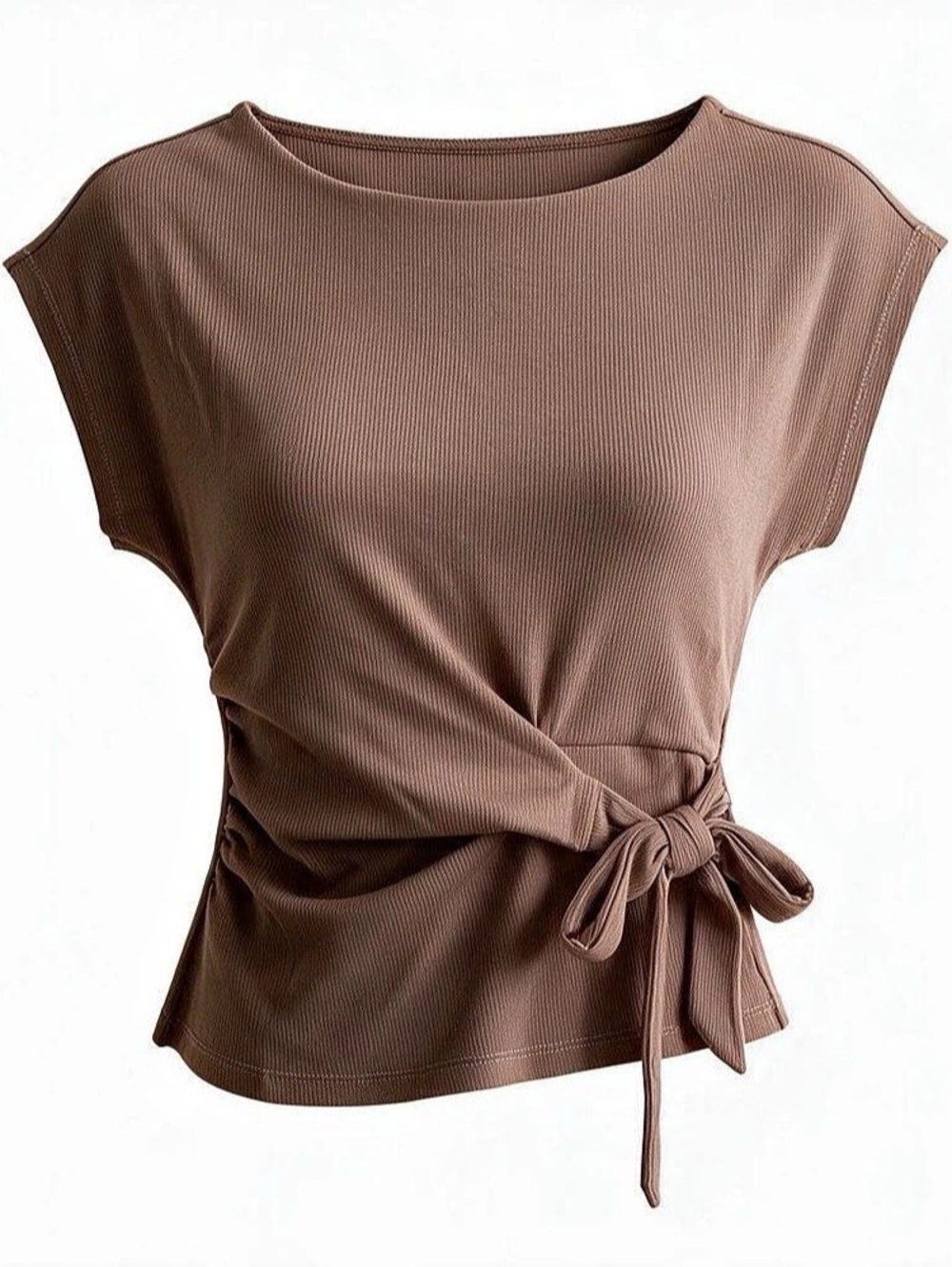 Womenβs Short Sleeve Brown Side-Tie Top